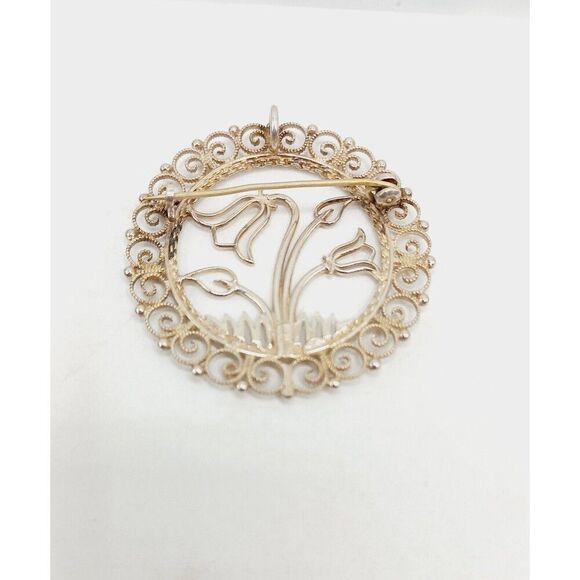 Vintage Scandinavian SYLVSMIDJA 830 Silver Filigree Tulip Flower Brooch Pendant - Picture 4 of 7